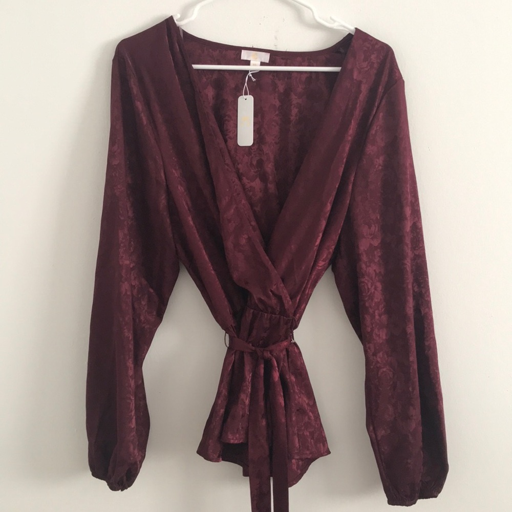NWT XL Floral Maroon Wrap Blouse